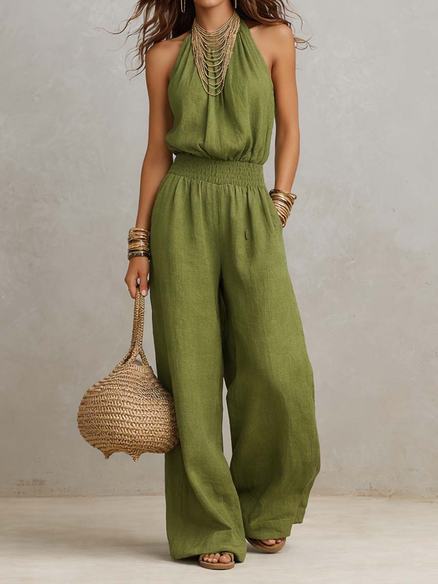 Victoria | Halter-Neck Smocked Wide-Leg Jumpsuit