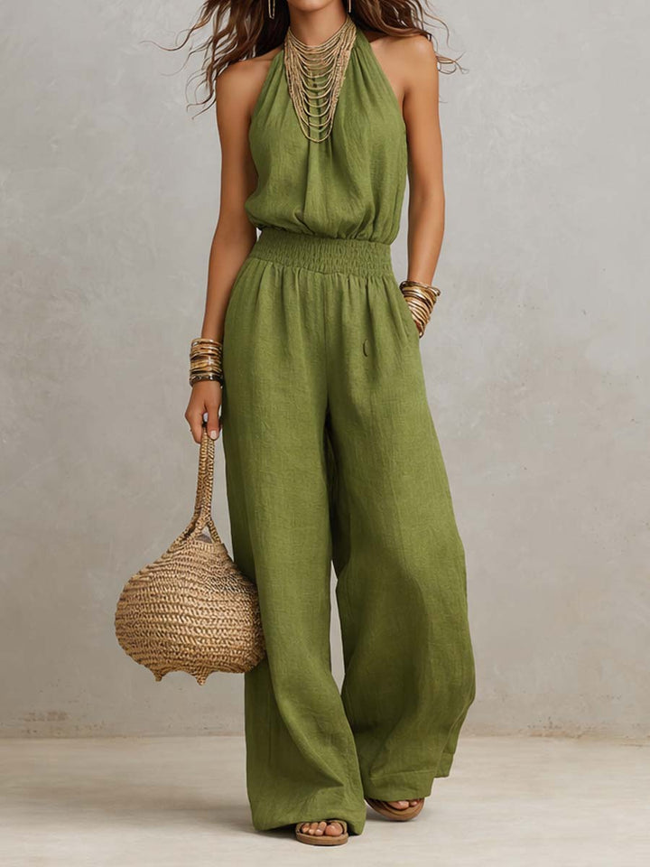 Victoria | Halter-Neck Smocked Wide-Leg Jumpsuit