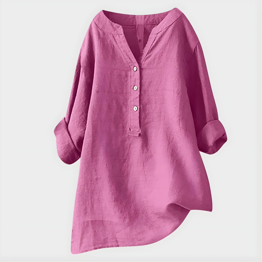 Veronique™ | Elegant Cotton-Linen V-Neck Blouse