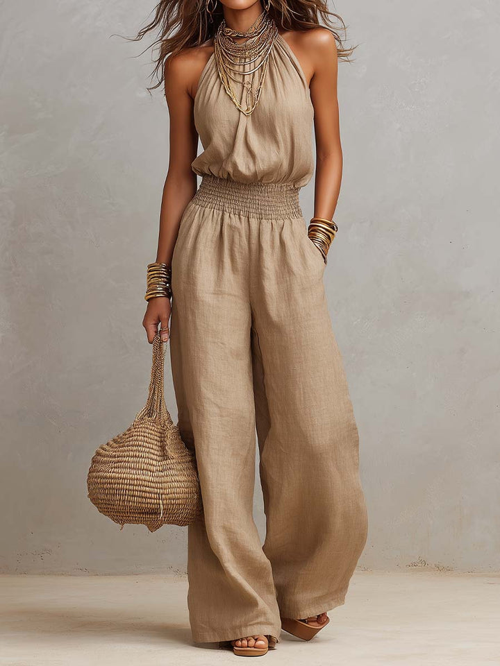Victoria | Halter-Neck Smocked Wide-Leg Jumpsuit