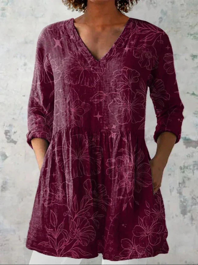 Morning Glory Floral Pattern Printed Women's Casual Linen V-Neck Shirt