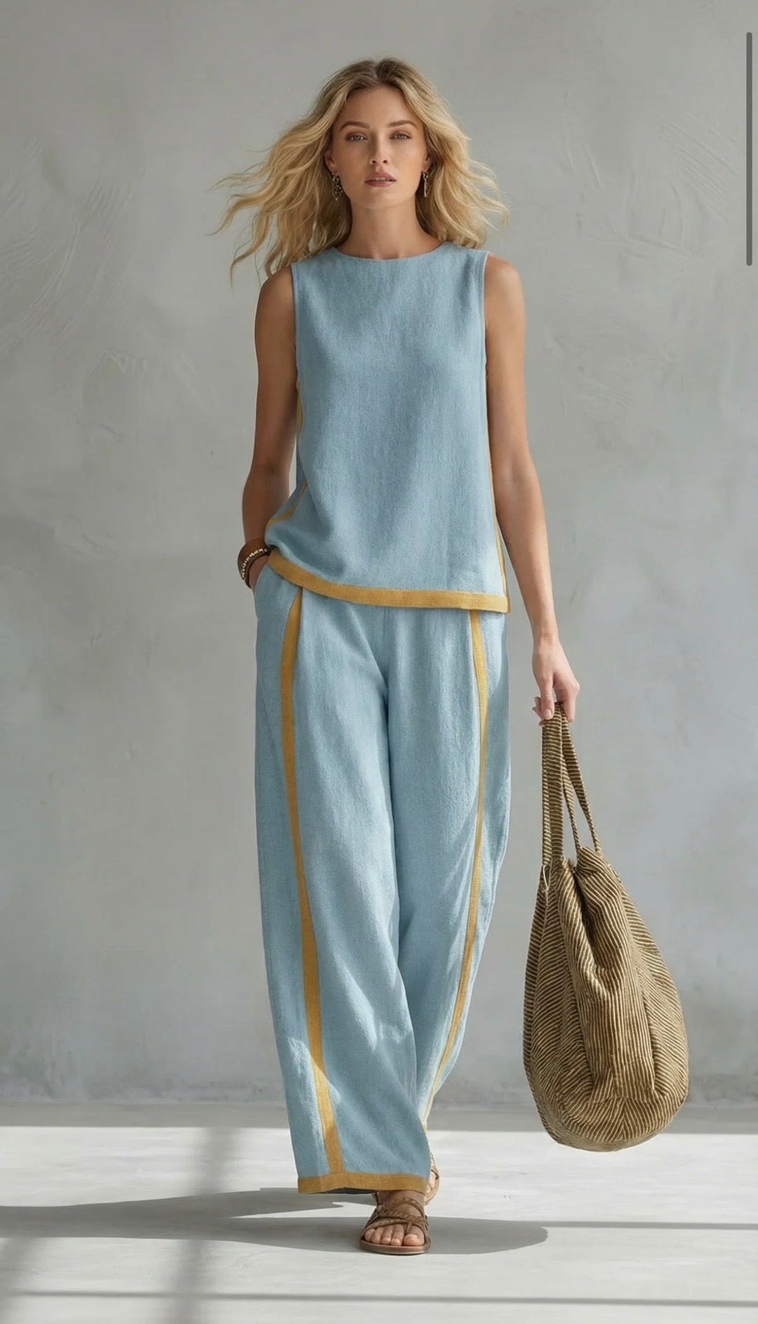 Leila | Complete vest and trousers in two-tone grey cotton-linen