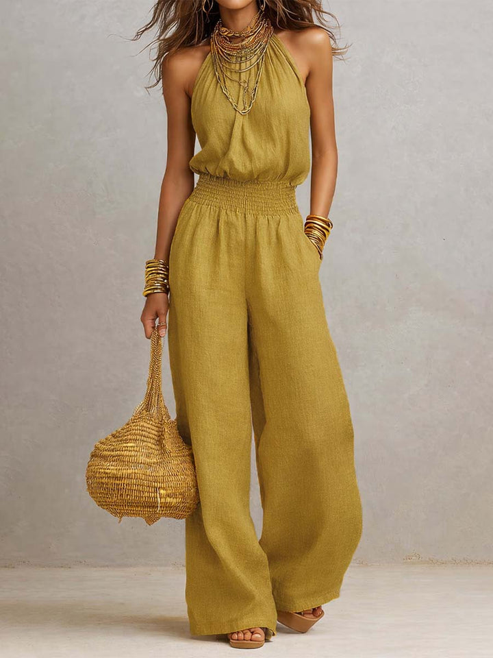 Victoria | Halter-Neck Smocked Wide-Leg Jumpsuit