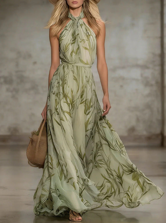 Brenda |  Print Halter Maxi Dress – Sleeveless Flowing Summer Dress