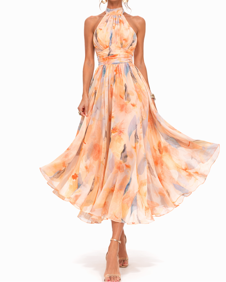 Aurora | Halter Neck Dress with Watercolor Print