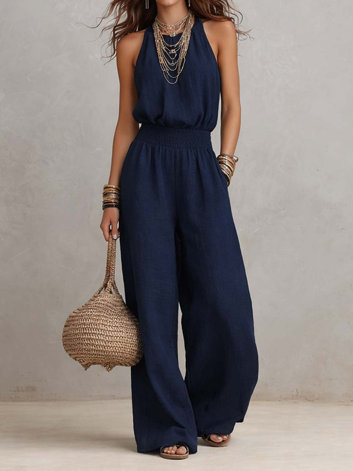Victoria | Halter-Neck Smocked Wide-Leg Jumpsuit