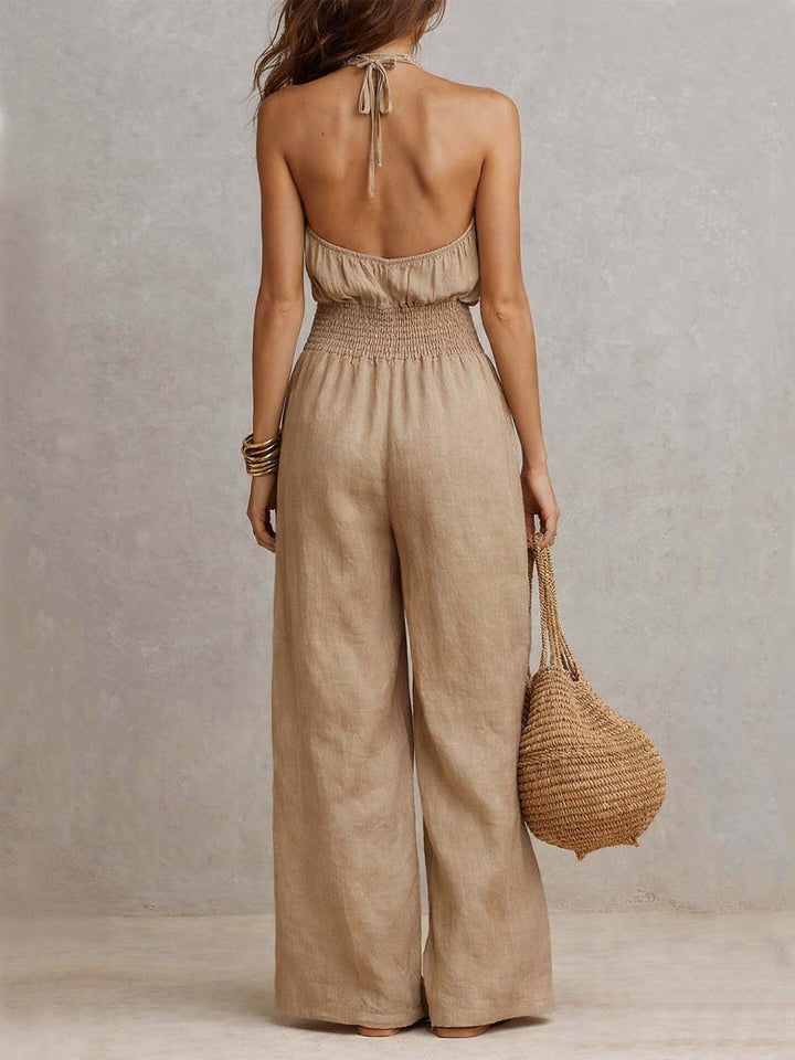 Victoria | Halter-Neck Smocked Wide-Leg Jumpsuit