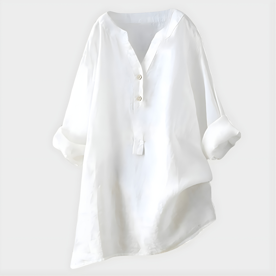 Veronique™ | Elegant Cotton-Linen V-Neck Blouse