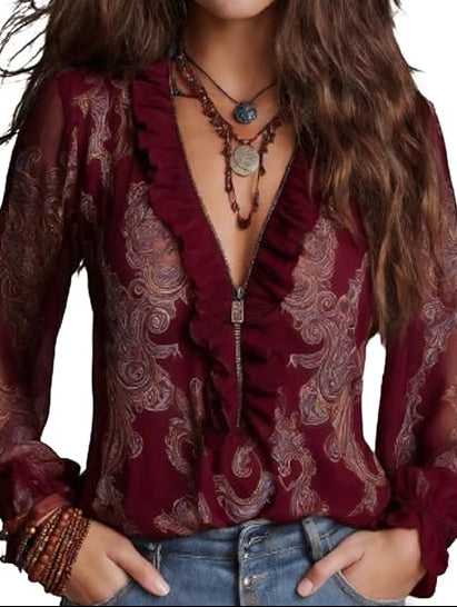 Elise | Baroque Paisley Ruffle Zip Chiffon Blouse