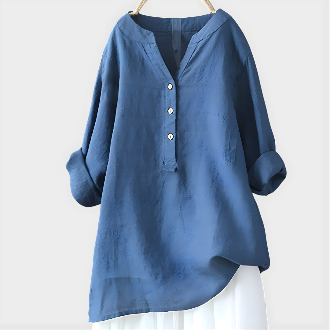 Veronique™ | Elegant Cotton-Linen V-Neck Blouse