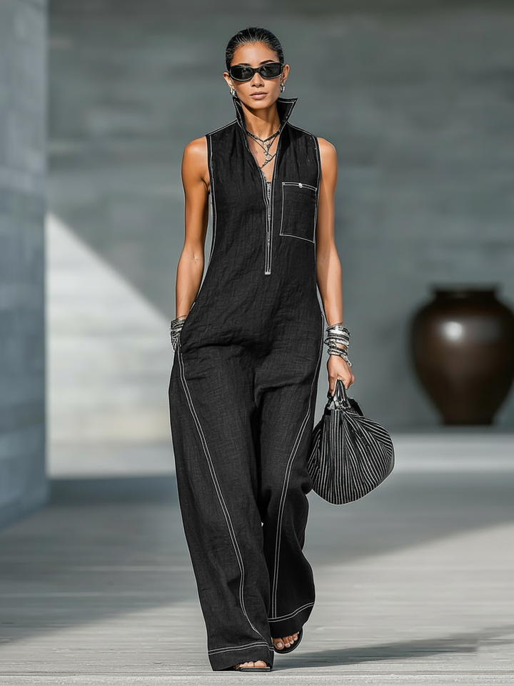 Brianha | Women's Minimalist Sleeveless Jumpsuit with White Trim