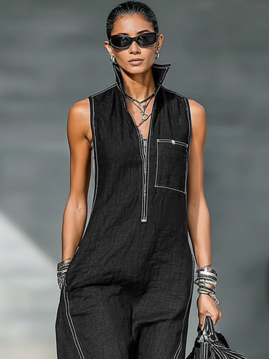 Brianha | Women's Minimalist Sleeveless Jumpsuit with White Trim