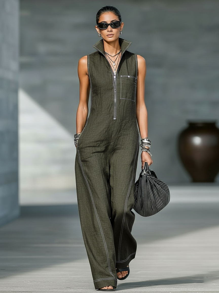 Brianha | Women's Minimalist Sleeveless Jumpsuit with White Trim