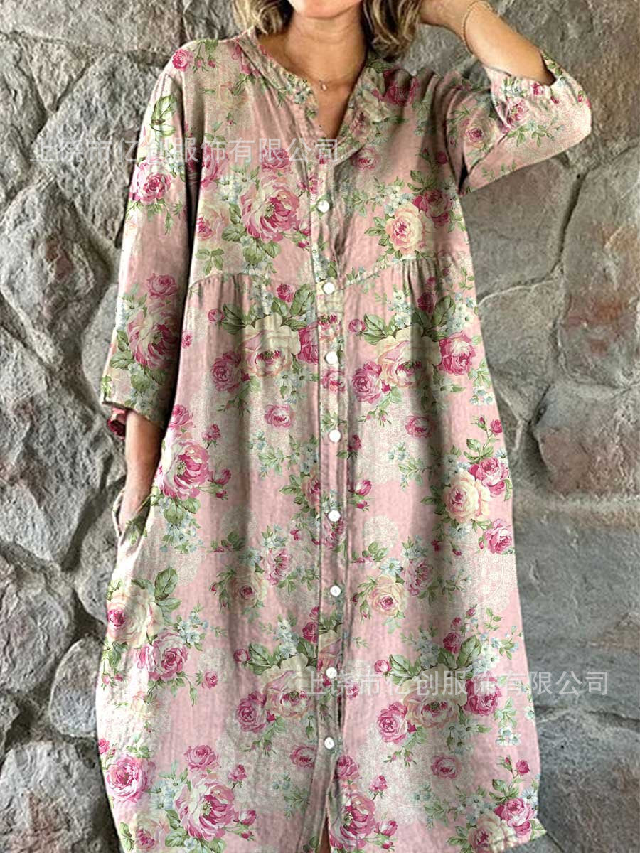 Women’s Retro Floral Cotton Shirt Dress with Pockets