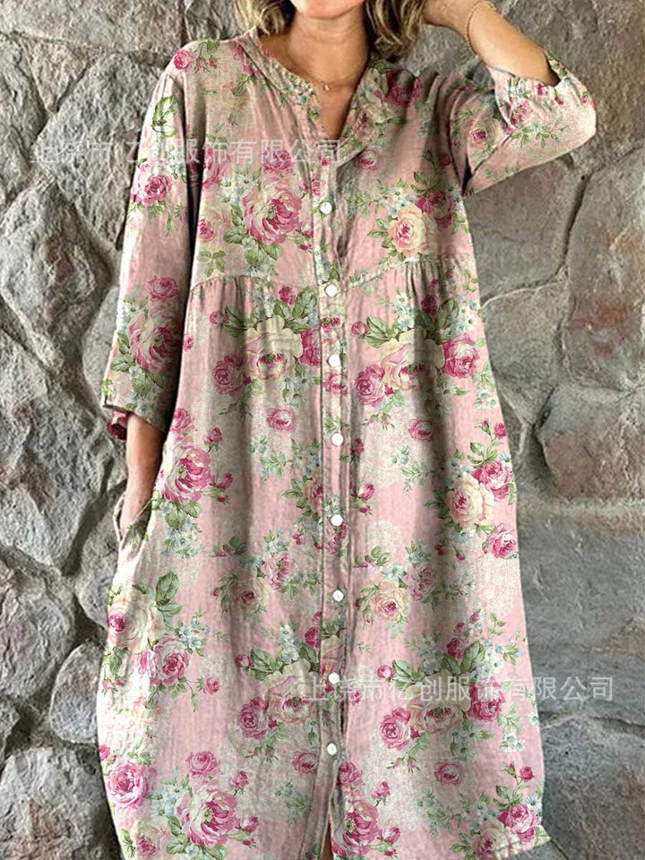 Women’s Retro Floral Cotton Shirt Dress with Pockets
