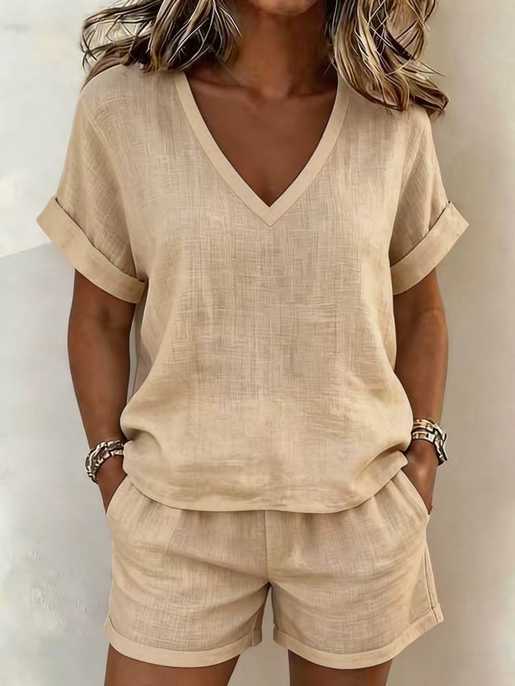 Lucy | V-Neck Short Sleeve Top & Shorts Two-Piece Set
