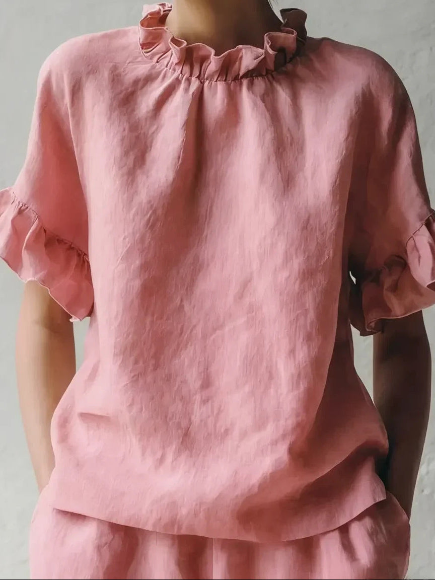 Franzel | Women's Ruffle Neck Short Sleeve Shirt