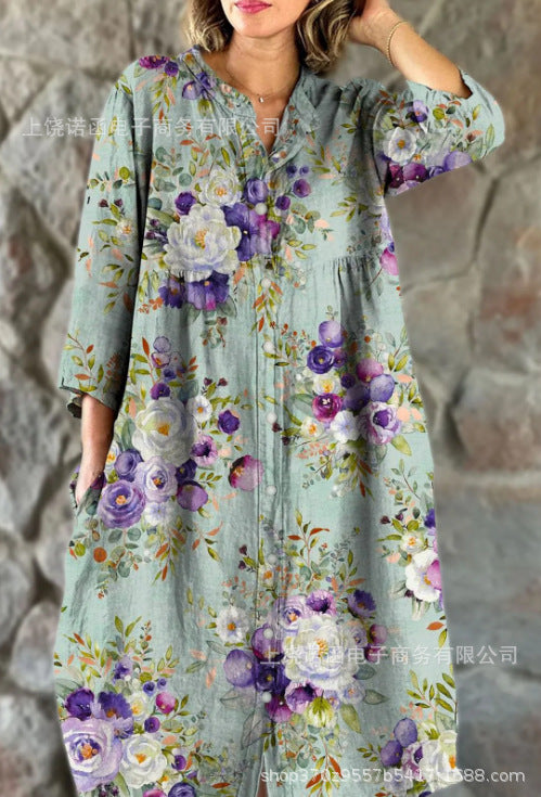 Women’s Retro Floral Cotton Shirt Dress with Pockets