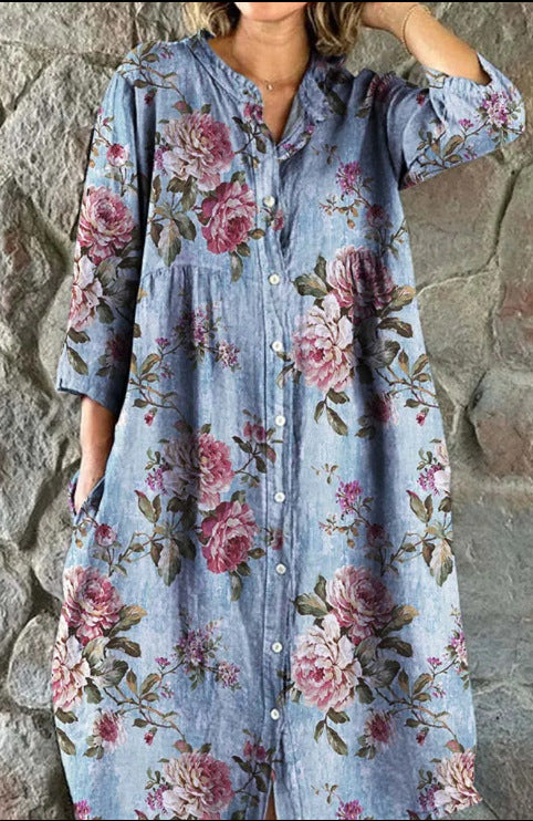Women’s Retro Floral Cotton Shirt Dress with Pockets