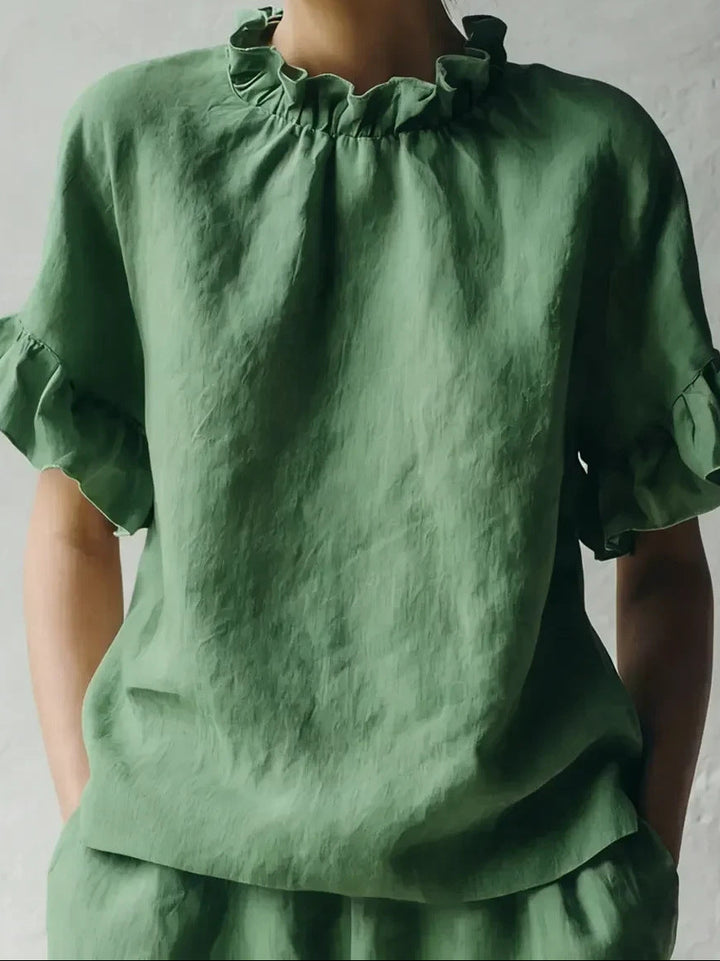 Franzel | Women's Ruffle Neck Short Sleeve Shirt