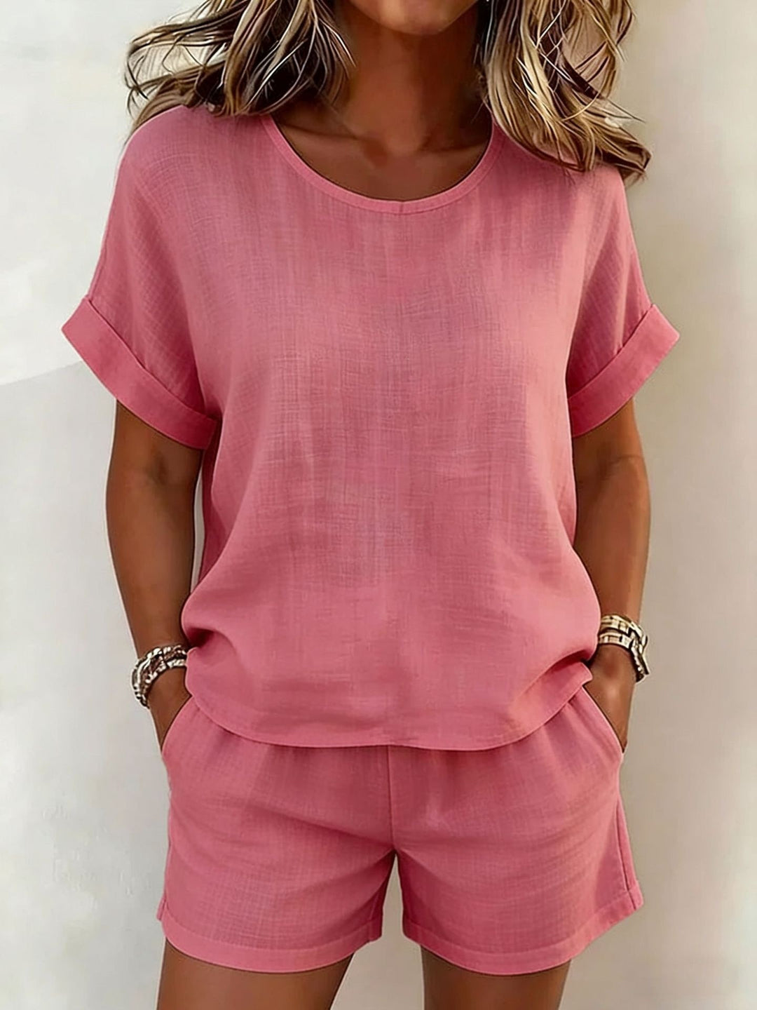 Ruby | Round-Neck Short Sleeve Top & Shorts Two-Piece Set