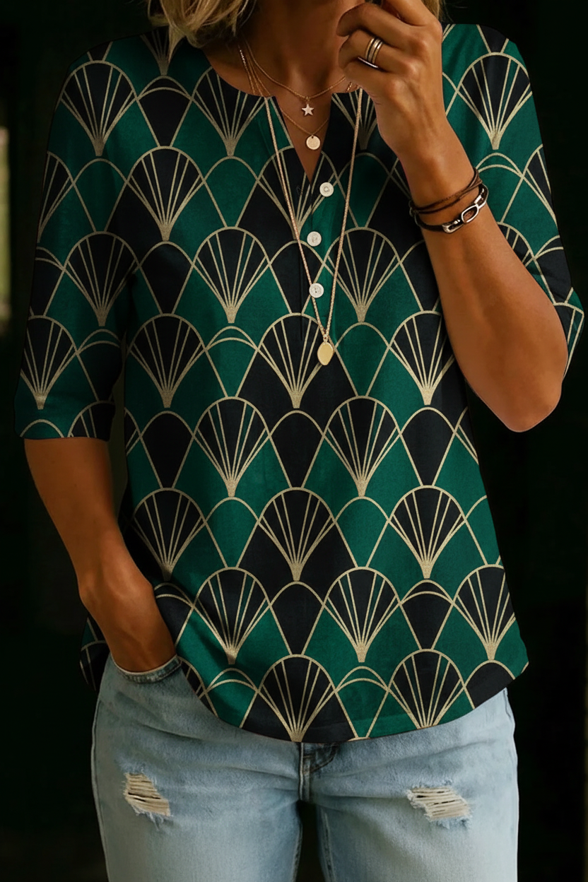 Women’s Emerald Art Deco Print Half Sleeve Henley Cotton Top