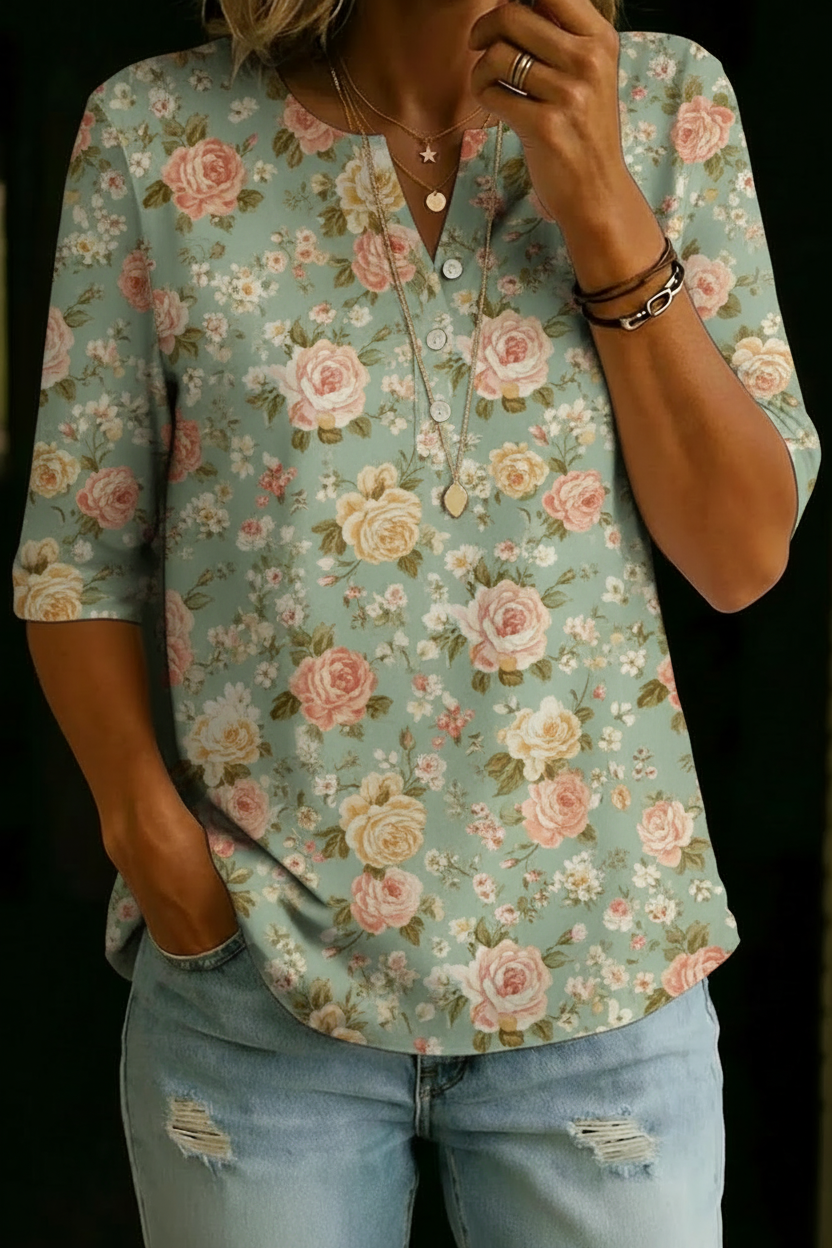 Women’s Sage Rose Floral Print Half Sleeve Henley Cotton Blend Top