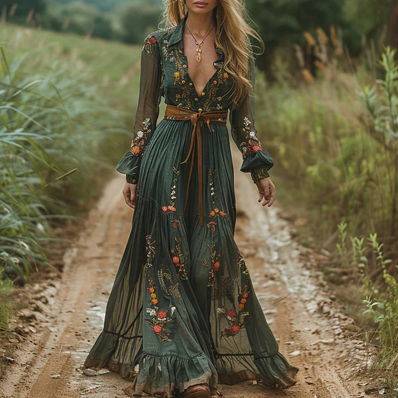 Julia | Bohemian Embroidered V-Neck Maxi