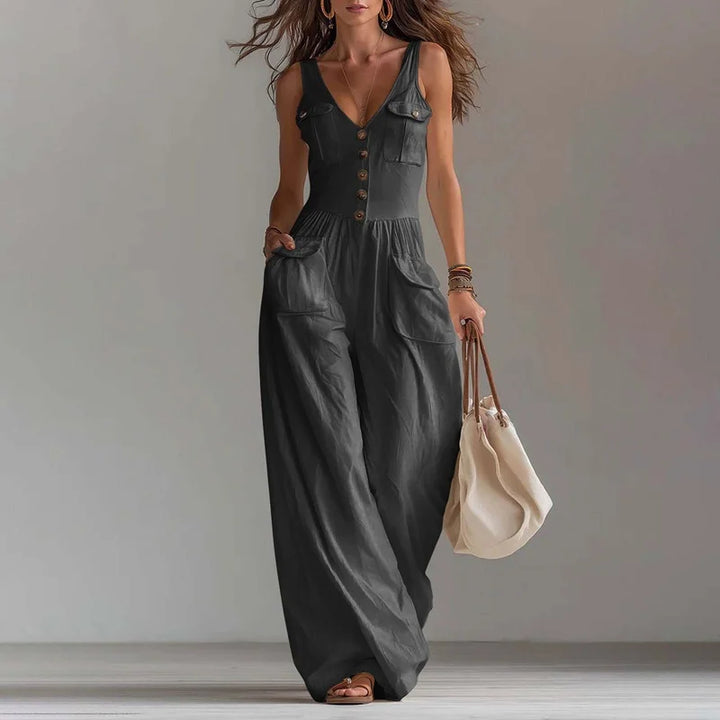 Beverly | Sophisticated Wide-Leg Button Trousers Jumpsuit