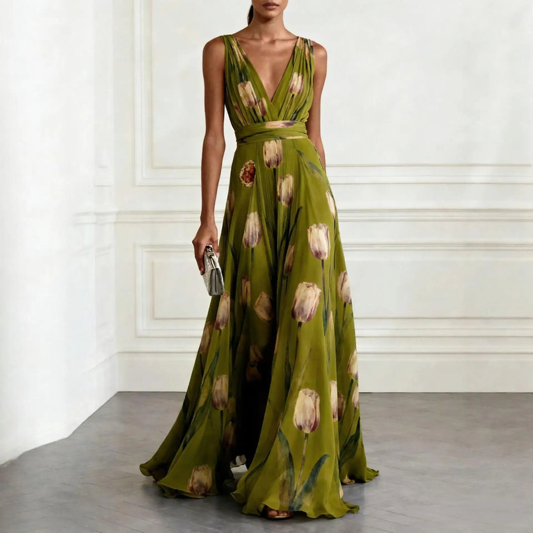 Grace | Elegant Tulip Print Chiffon Maxi Gown