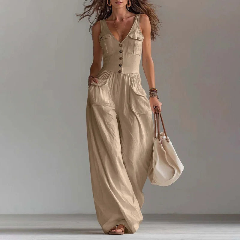 Beverly | Sophisticated Wide-Leg Button Trousers Jumpsuit