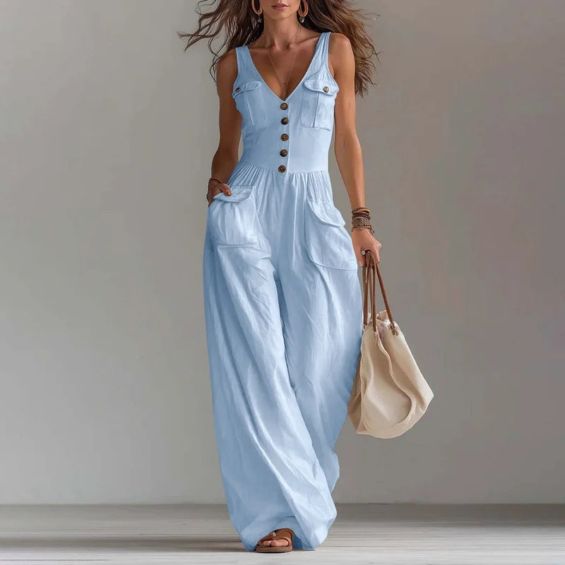 Beverly | Sophisticated Wide-Leg Button Trousers Jumpsuit