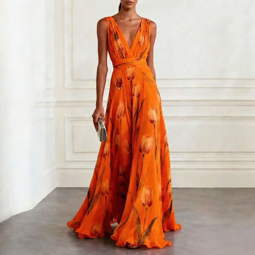 Grace | Elegant Tulip Print Chiffon Maxi Gown