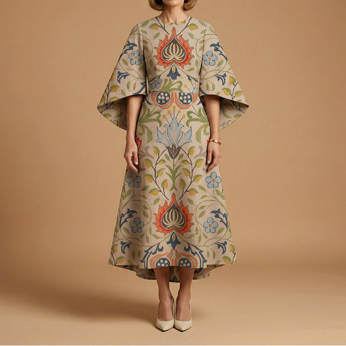 Evelyn | Architectural Cape-Sleeve Midi Dress