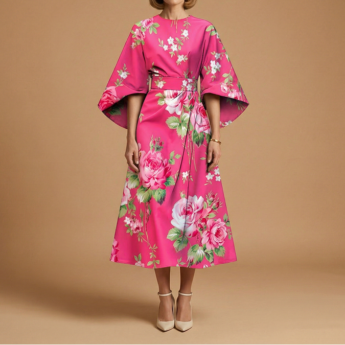 Evelyn | Architectural Cape-Sleeve Midi Dress