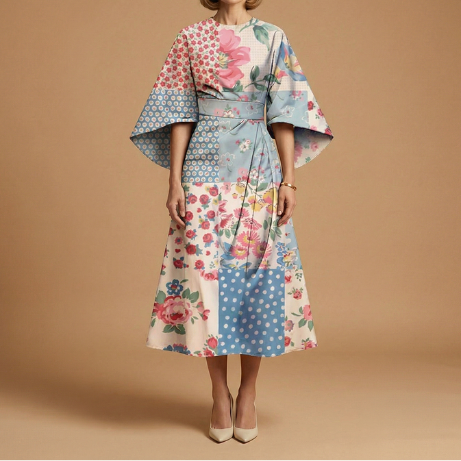 Evelyn | Architectural Cape-Sleeve Midi Dress