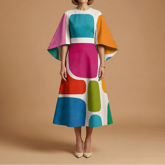Evelyn | Architectural Cape-Sleeve Midi Dress