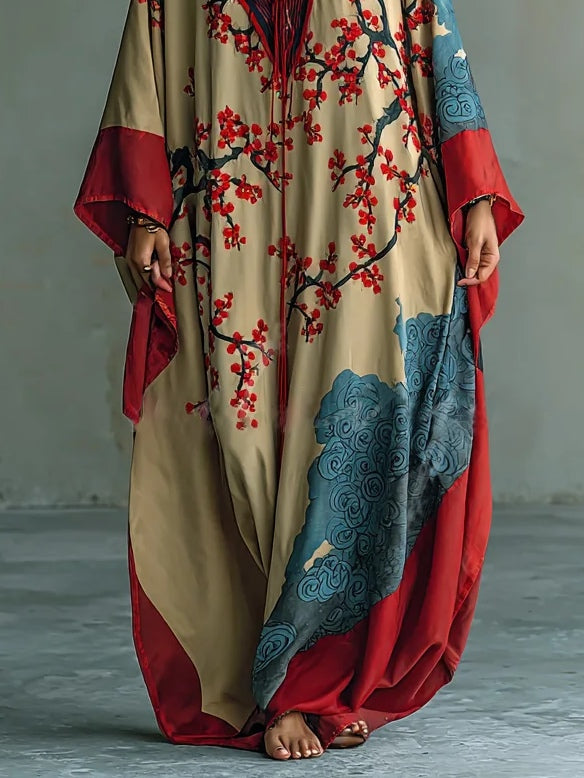 Jennie | Japanese Red Plum Blossom Maxi Dress with Batwing Sleeves and Print