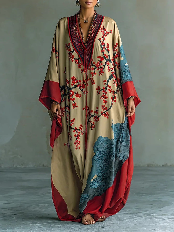 Jennie | Japanese Red Plum Blossom Maxi Dress with Batwing Sleeves and Print