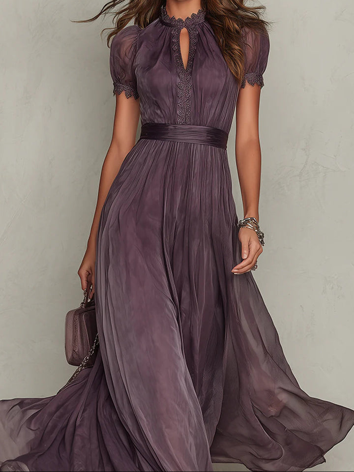 Flavia | Long Purple Dress with Keyhole Neckline, Chiffon Lace Trim