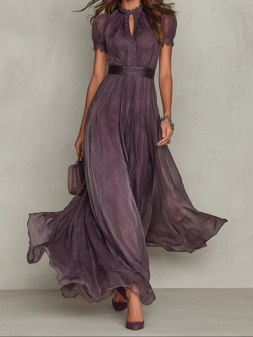 Flavia | Long Purple Dress with Keyhole Neckline, Chiffon Lace Trim