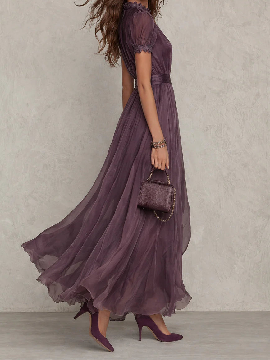 Flavia | Long Purple Dress with Keyhole Neckline, Chiffon Lace Trim