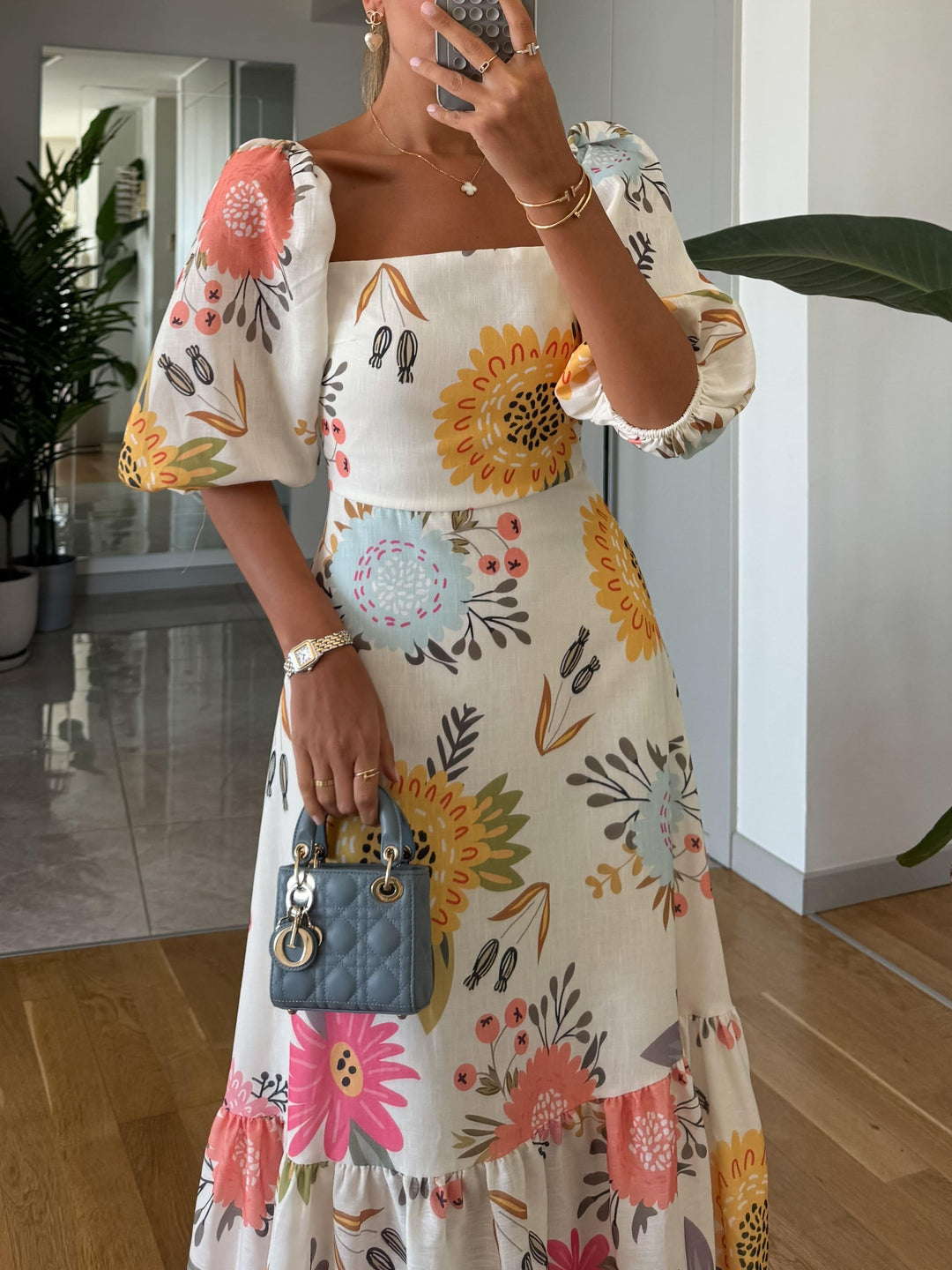 FAY – ROMANTIC FLORAL MIDI WITH PUFF SLEEVES
