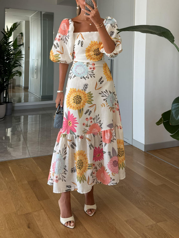 FAY – ROMANTIC FLORAL MIDI WITH PUFF SLEEVES