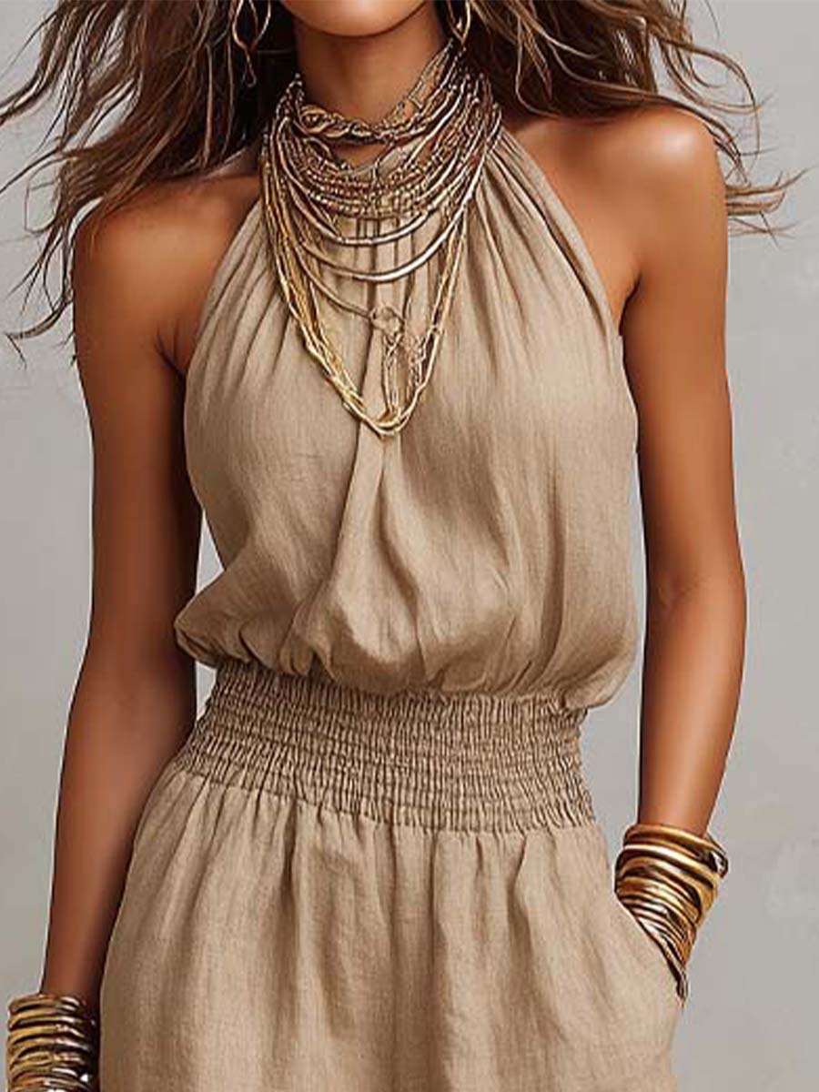 Victoria | Halter-Neck Smocked Wide-Leg Jumpsuit