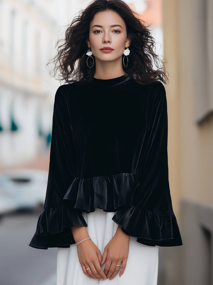 Round Neck Velvet Ruffle-Trim Blouse