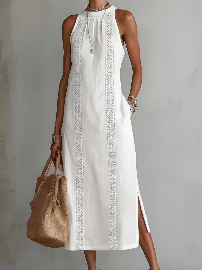 Jimena | Relaxed Embroidered Mandarin Collar Midi Dress