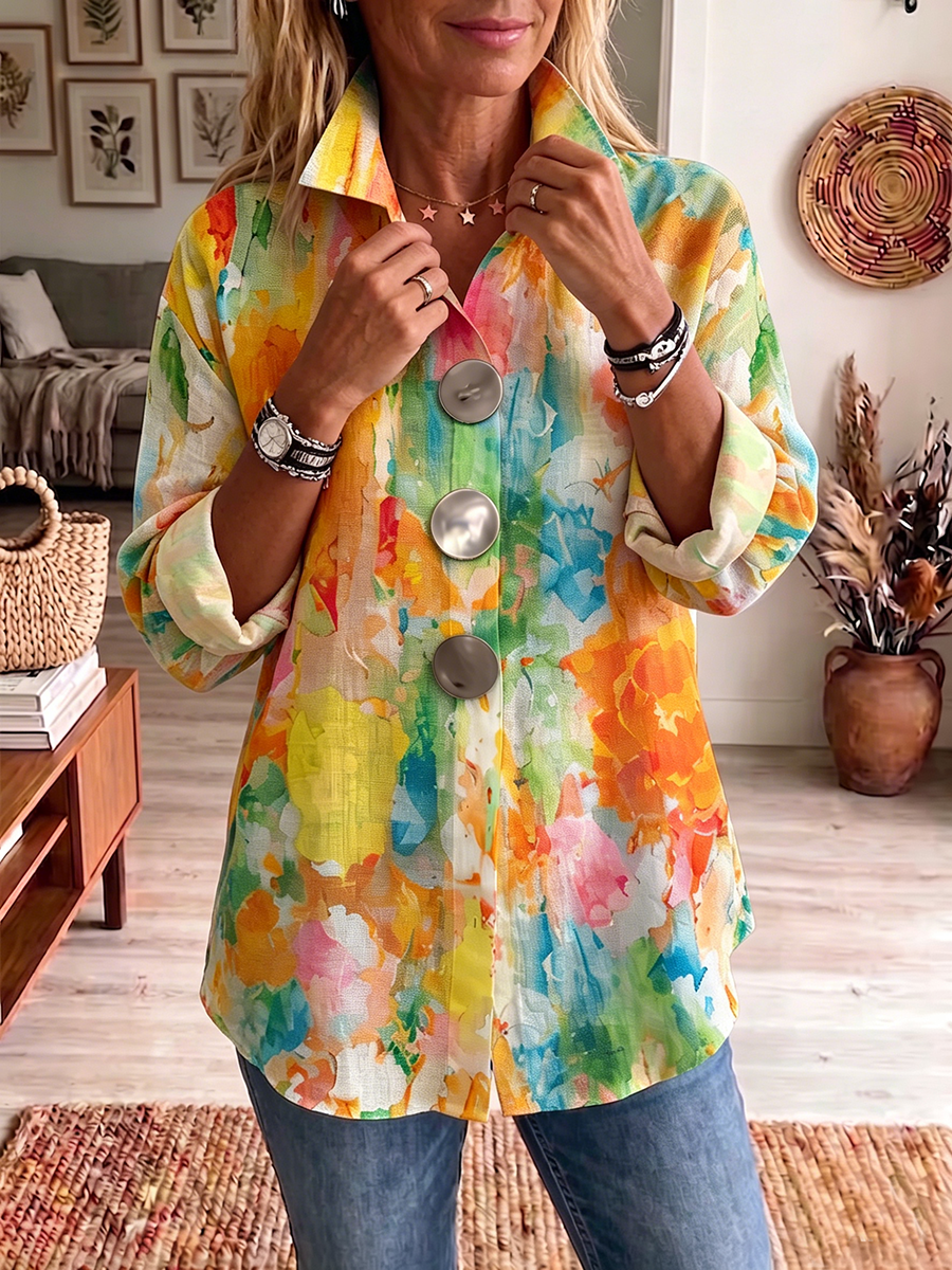 Amie | Artistic Watercolor Palette Print Metal-button Shirt