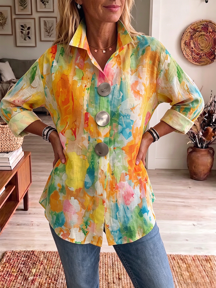 Amie | Artistic Watercolor Palette Print Metal-button Shirt
