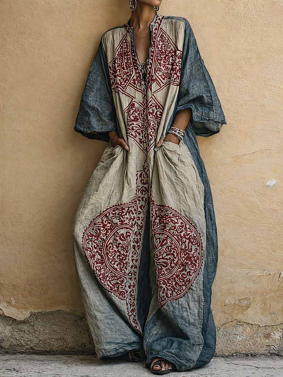 Millie | Women's Vintage Print V-neck 3/4-sleeve Cotton-linen Jumpsuit